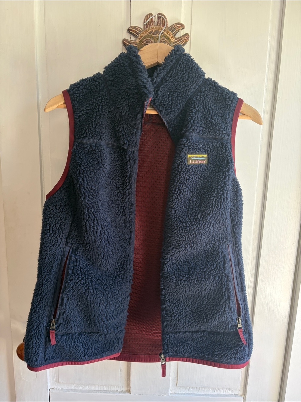 L.L. Bean Navy Sherpa Fleece Vest with Burgundy Trim -